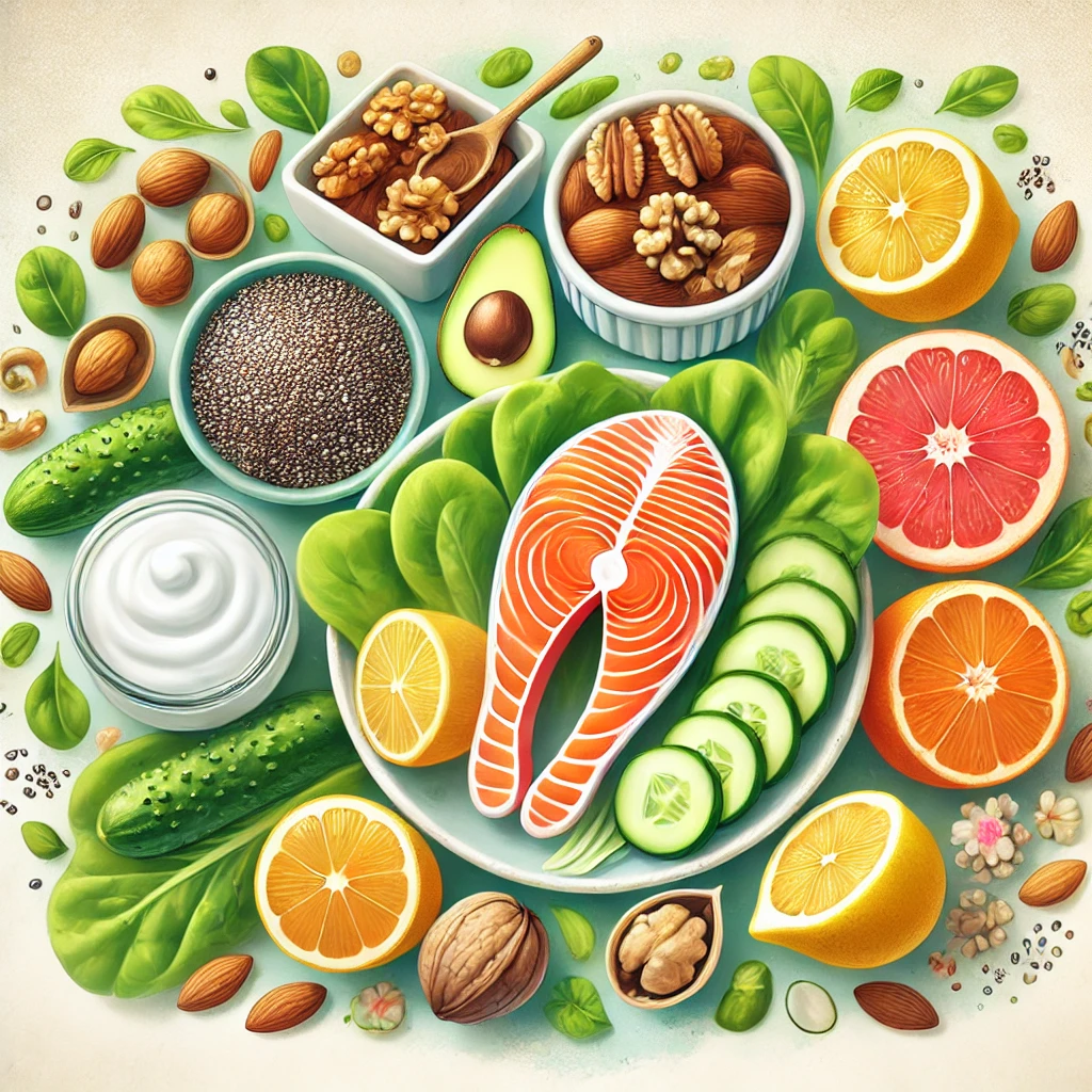 An arrangement of almonds, chia seeds, salmon, oranges, cucumbers, and yogurt, showcasing foods that help prevent dry skin."