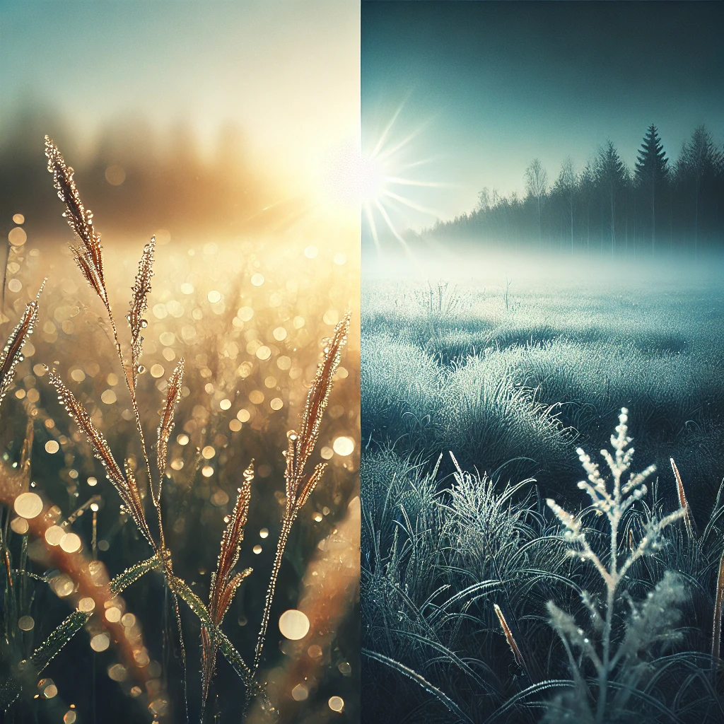 "A comparison of dew and fog in a winter morning landscape showing dew drops on grass and foggy fields.