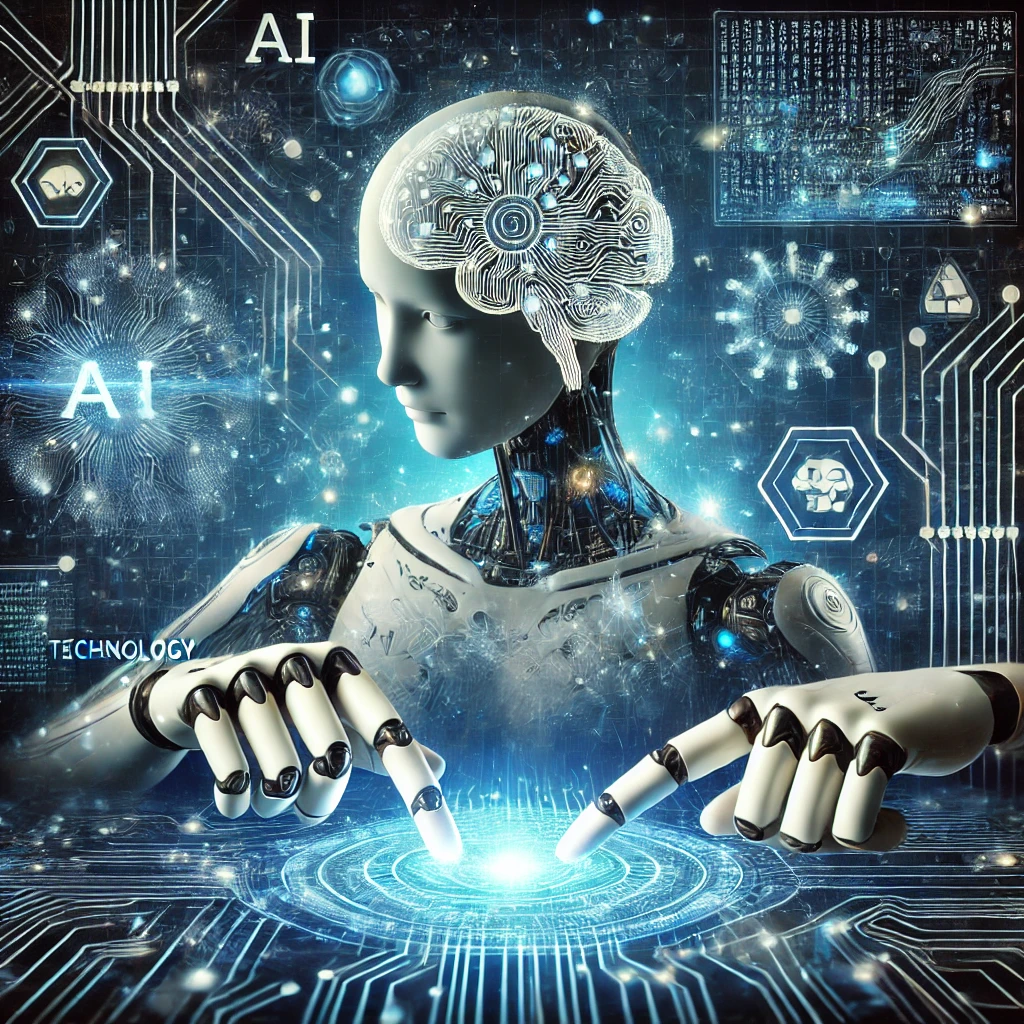 AI কী আমাদের ভবিষ্যৎ নিয়ন্ত্রণ করবে? বাস্তবতা বনাম কল্পনা Futuristic AI robot interacting with a digital holographic interface showcasing neural networks, technology, and innovation