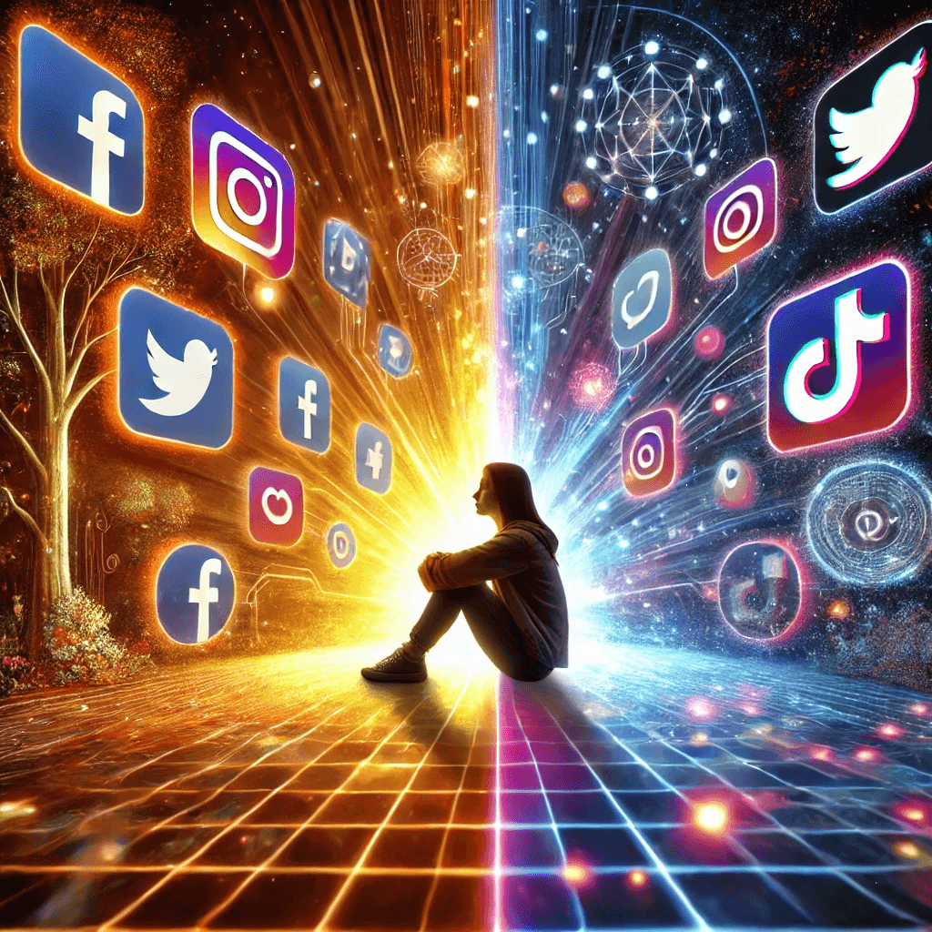 সোশ্যাল মিডিয়া ও বর্তমান প্রজন্ম An artistic representation showing the influence of social media on youth, with platforms like Facebook, Instagram, and TikTok depicted alongside benefits and challenges.